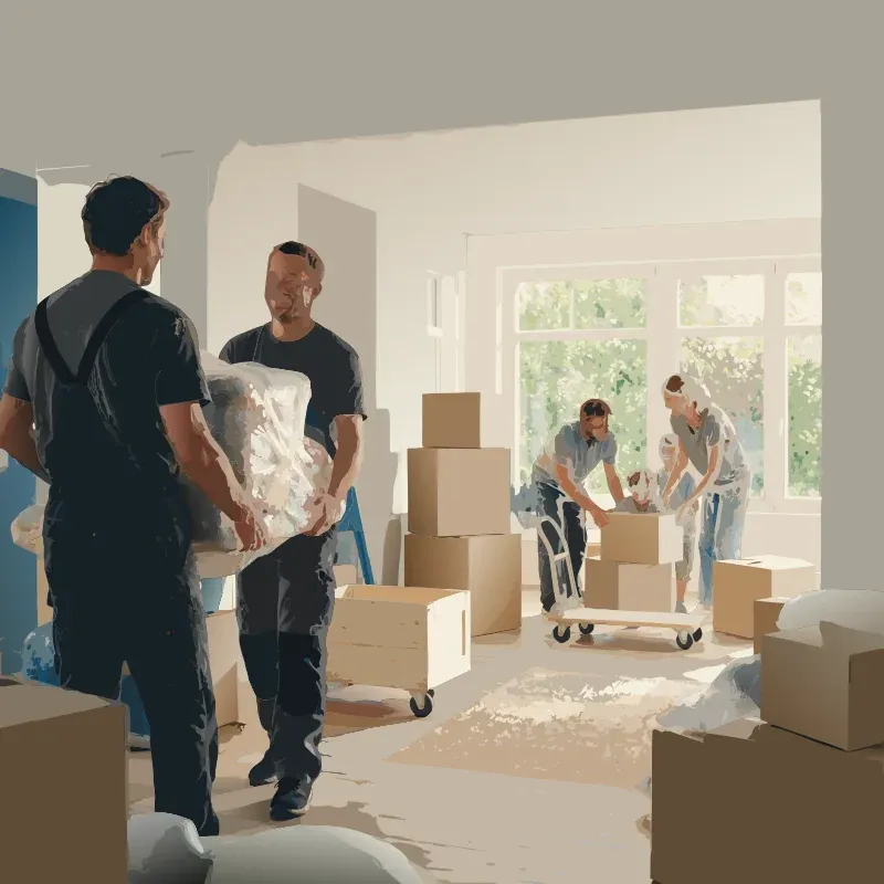 Movers carrying a wrapped box into a bright family home