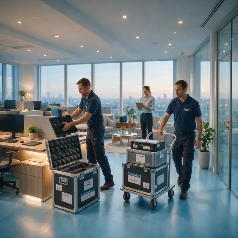 Movers packing monitors into flight cases in an open-plan office