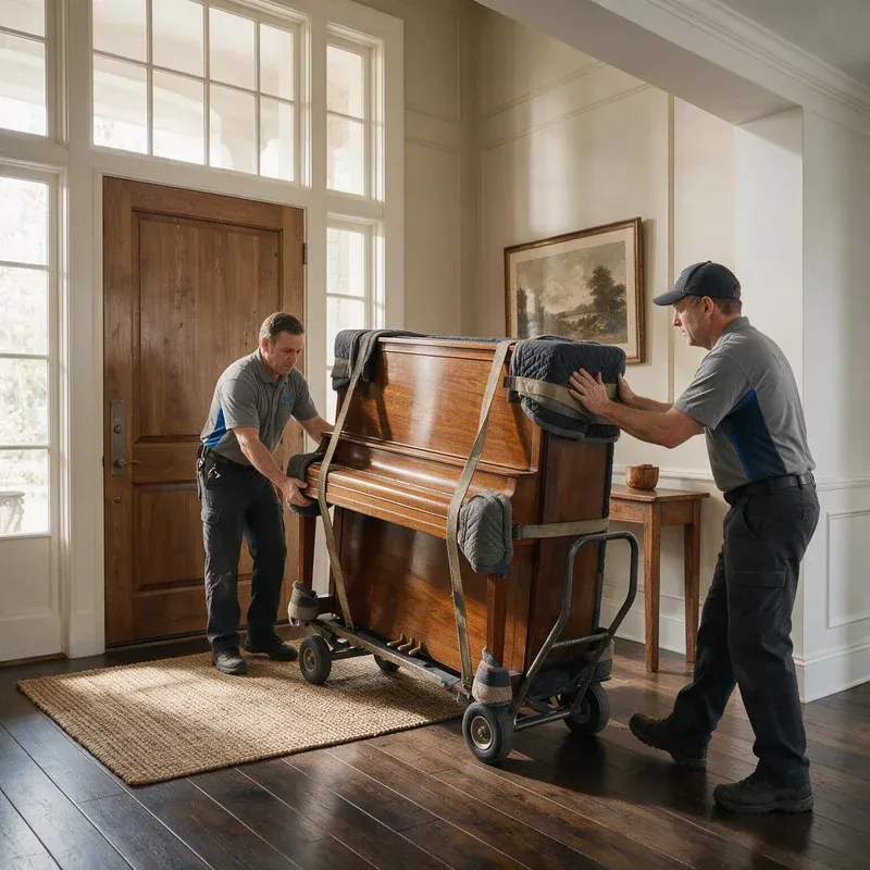 Two movers wheeling a strapped upright piano through a hallway