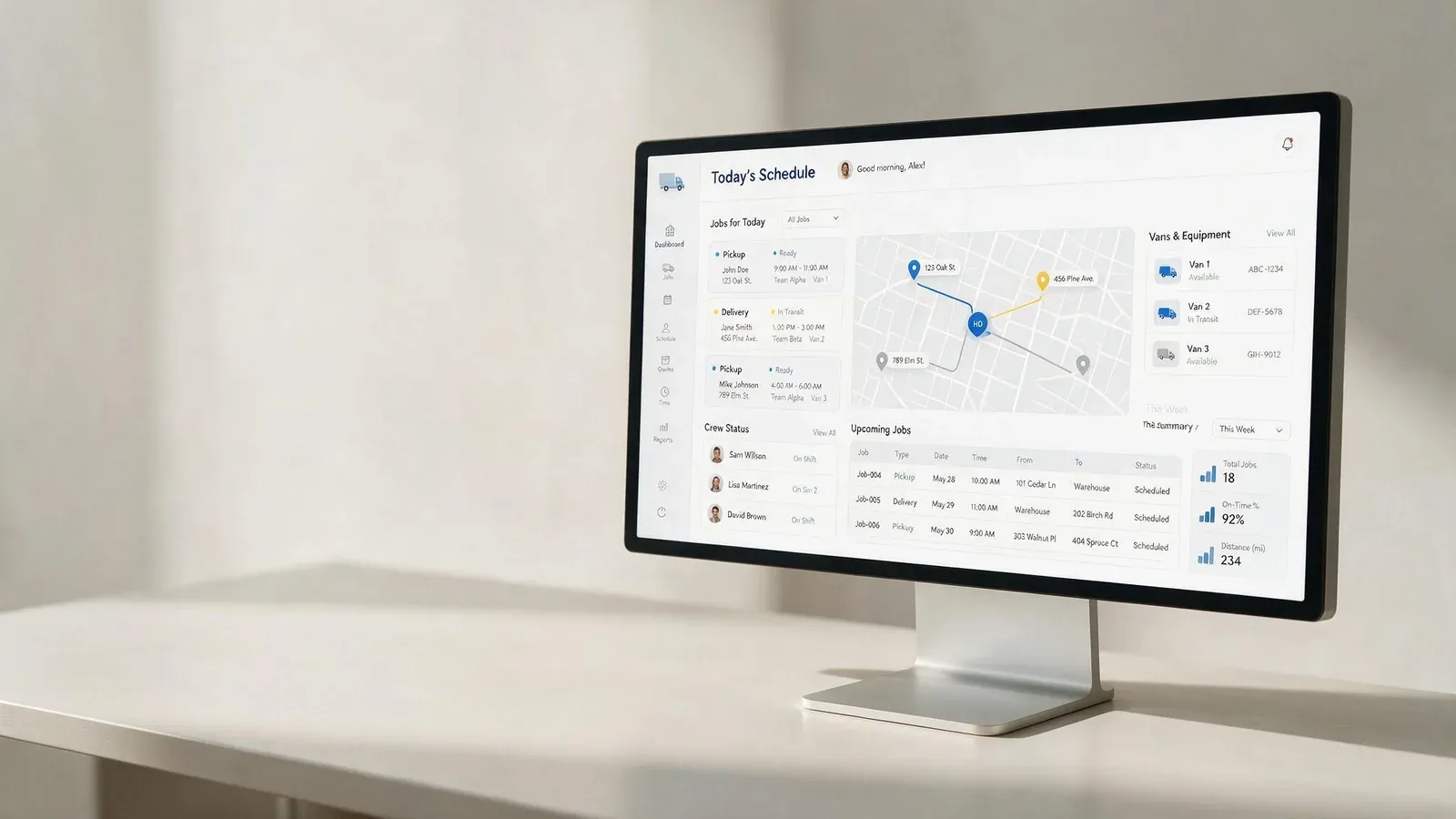 The Movers operator dashboard: today's jobs, a route map, crew status and van availability