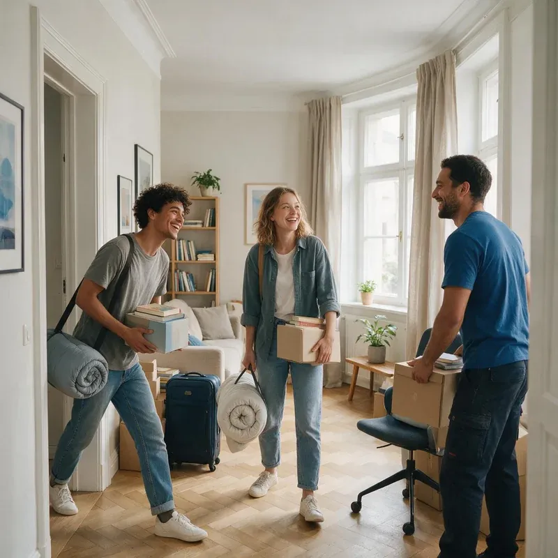 Students carrying boxes and bedding into a flat